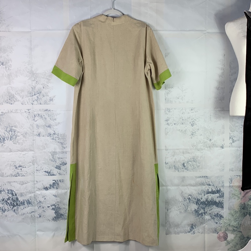 Marina Rinaldi Puro Lino Linen Green Contrast Trim Side Slit Button Midi Dress - Picture 9 of 15